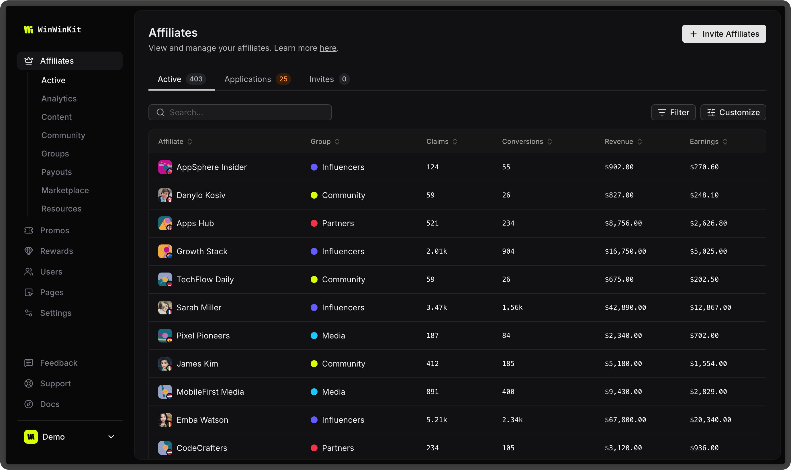 Affiliates dashboard