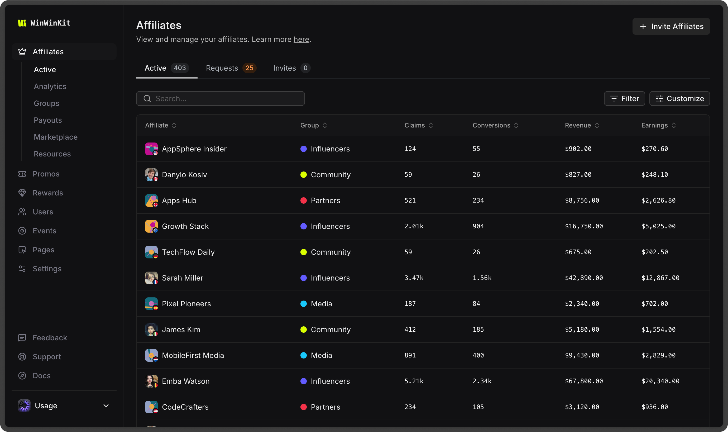 Affiliates dashboard