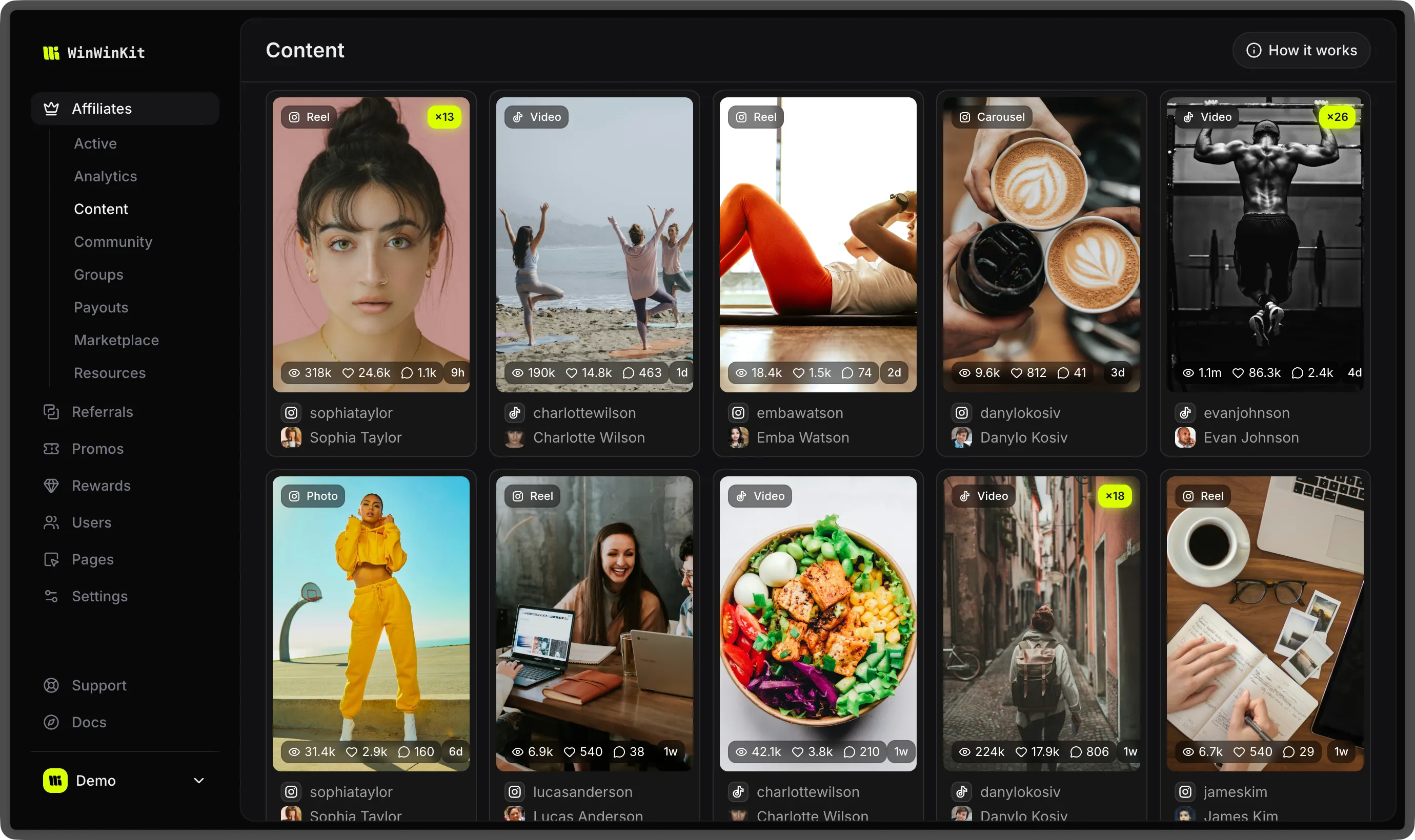 Content dashboard with a grid of affiliates' Instagram and TikTok posts, their views, likes and comments