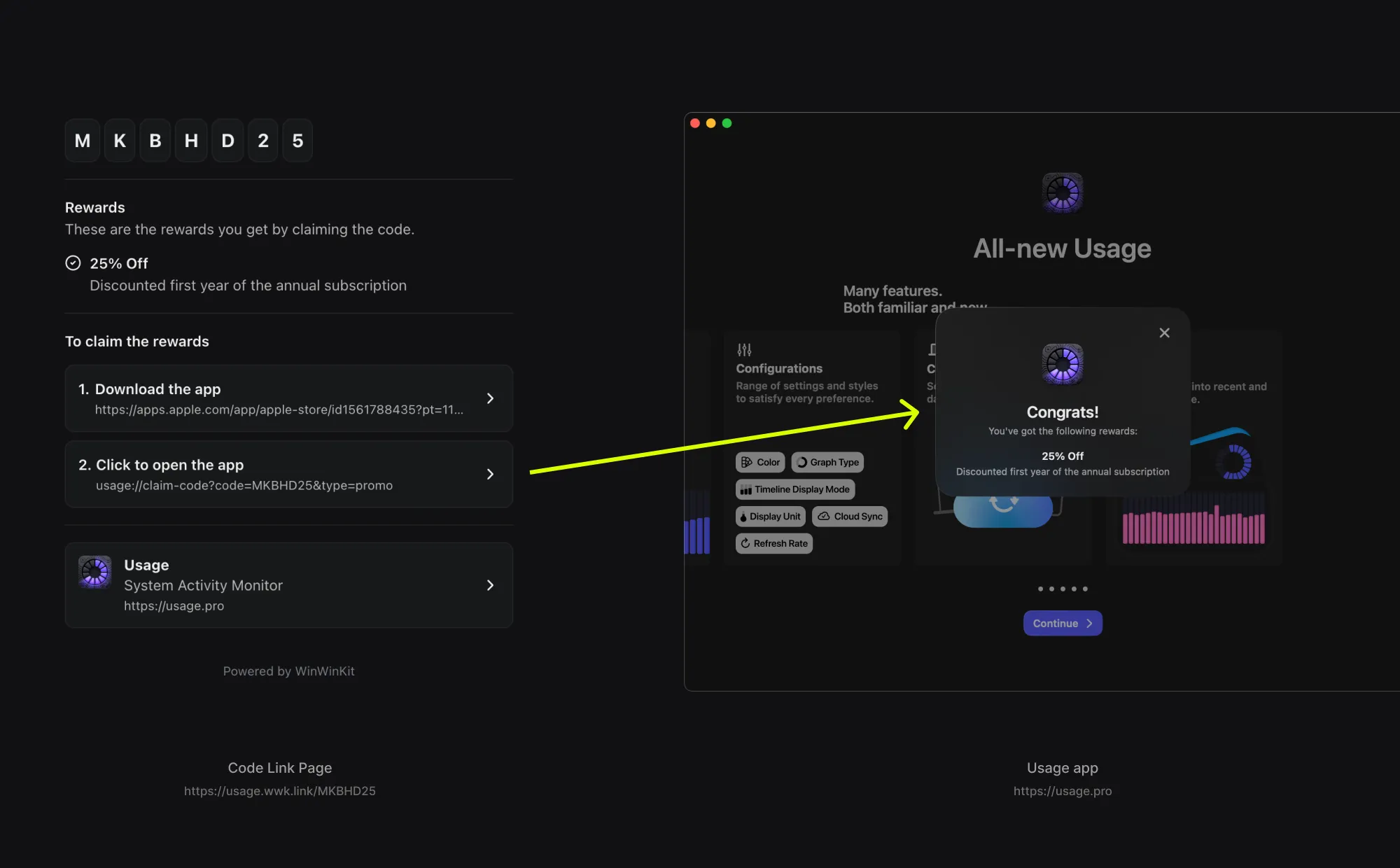 Screenshot of Usage app onboarding step with claimed code rewards