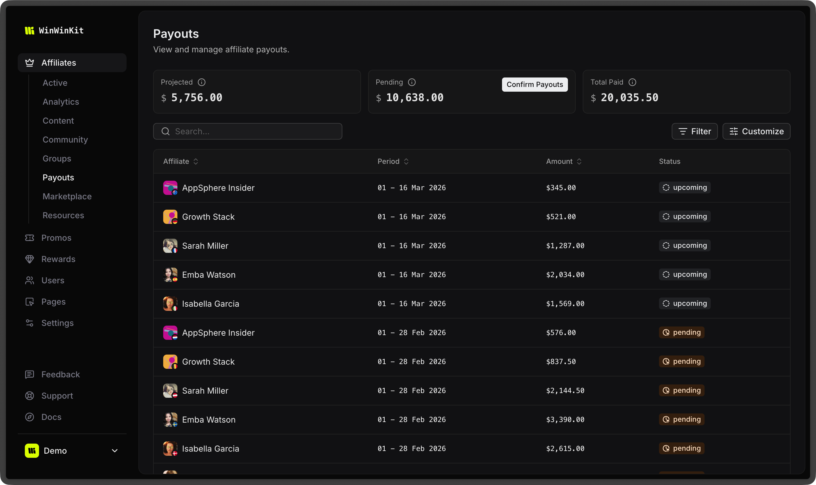 Affiliate payouts dashboard with projected, pending and paid amounts per period