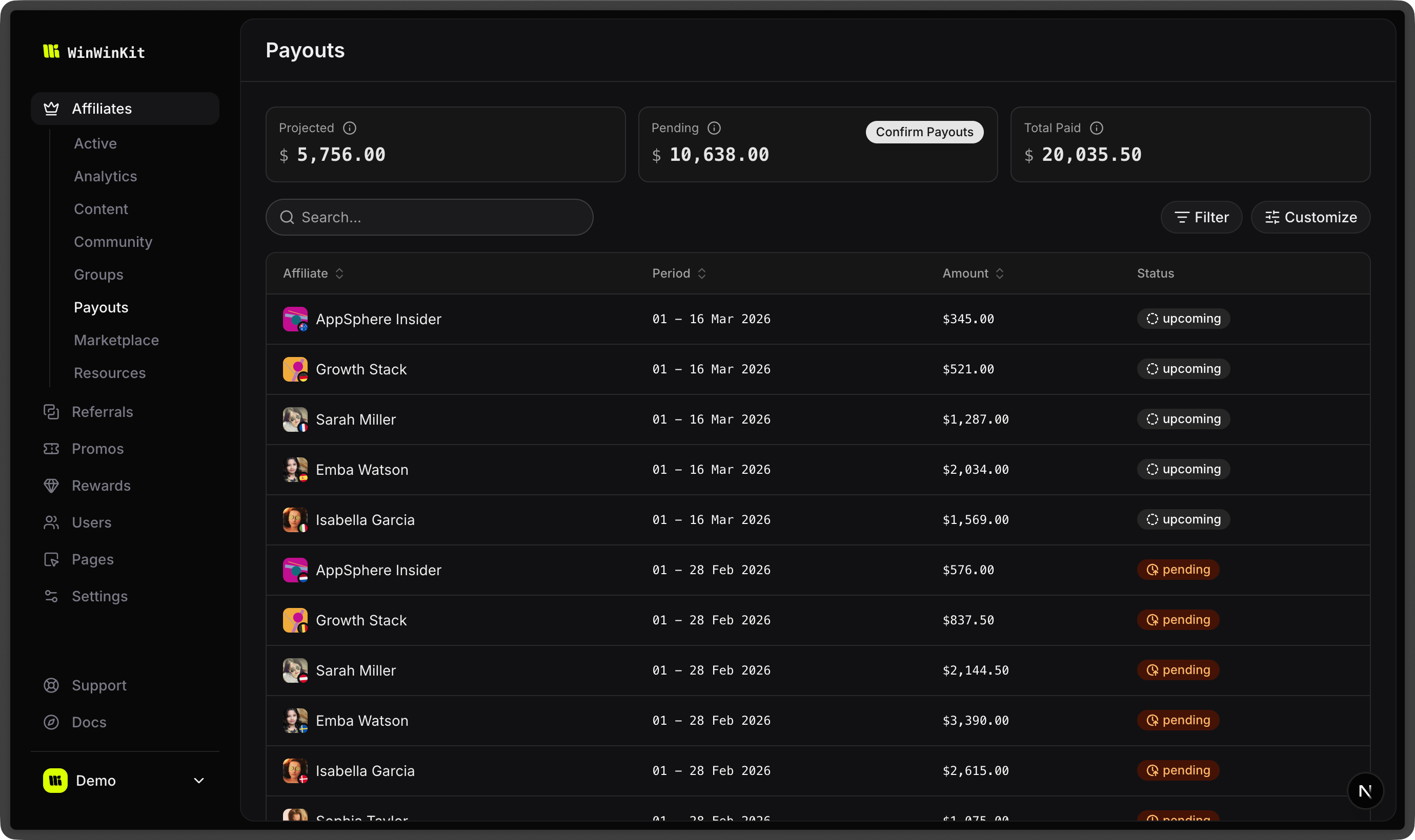 Affiliate payouts dashboard with projected, pending and paid amounts per period