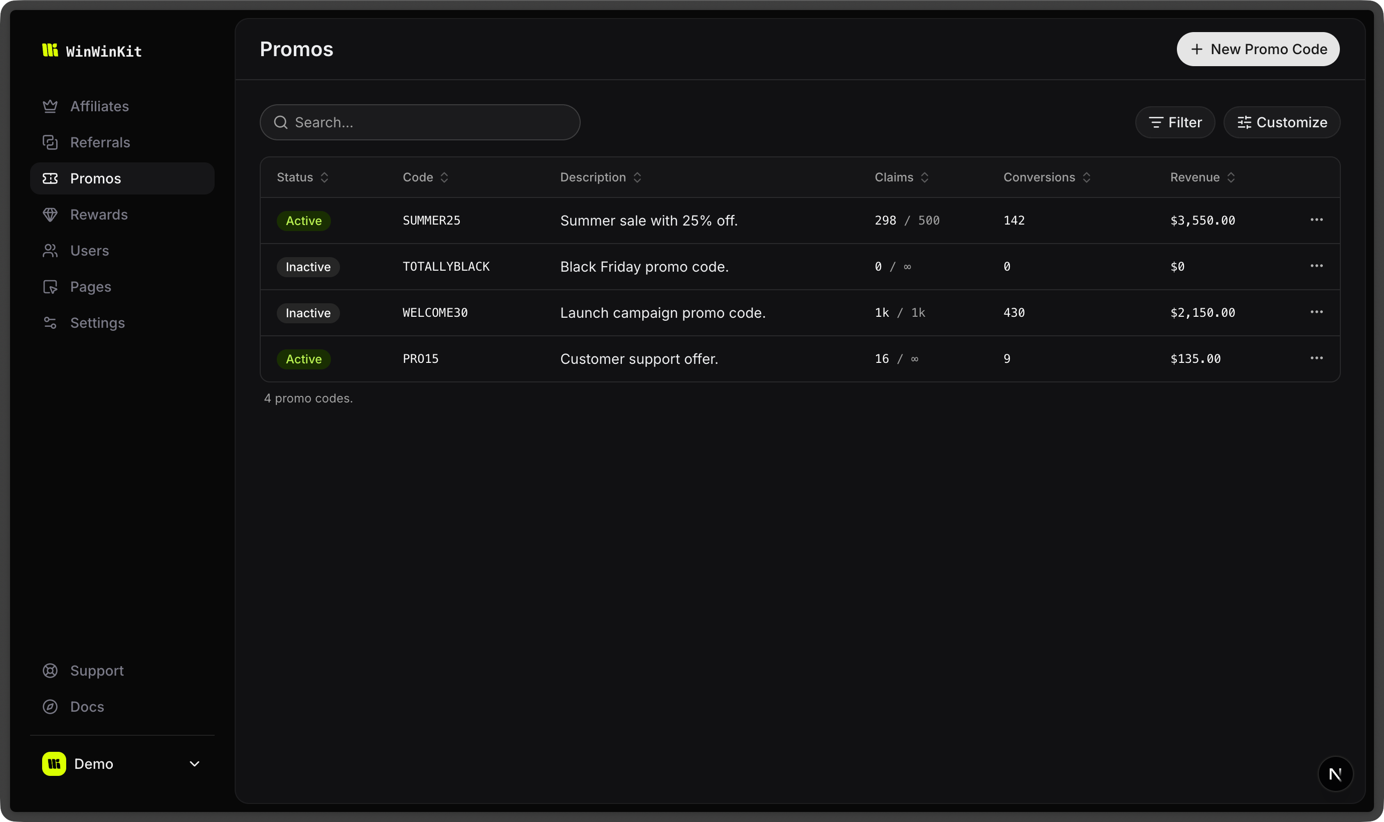 Promo codes dashboard