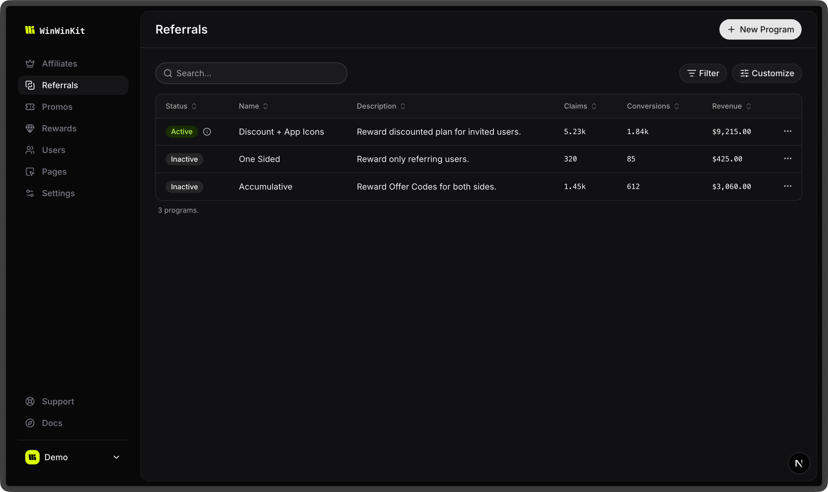 Referral programs dashboard