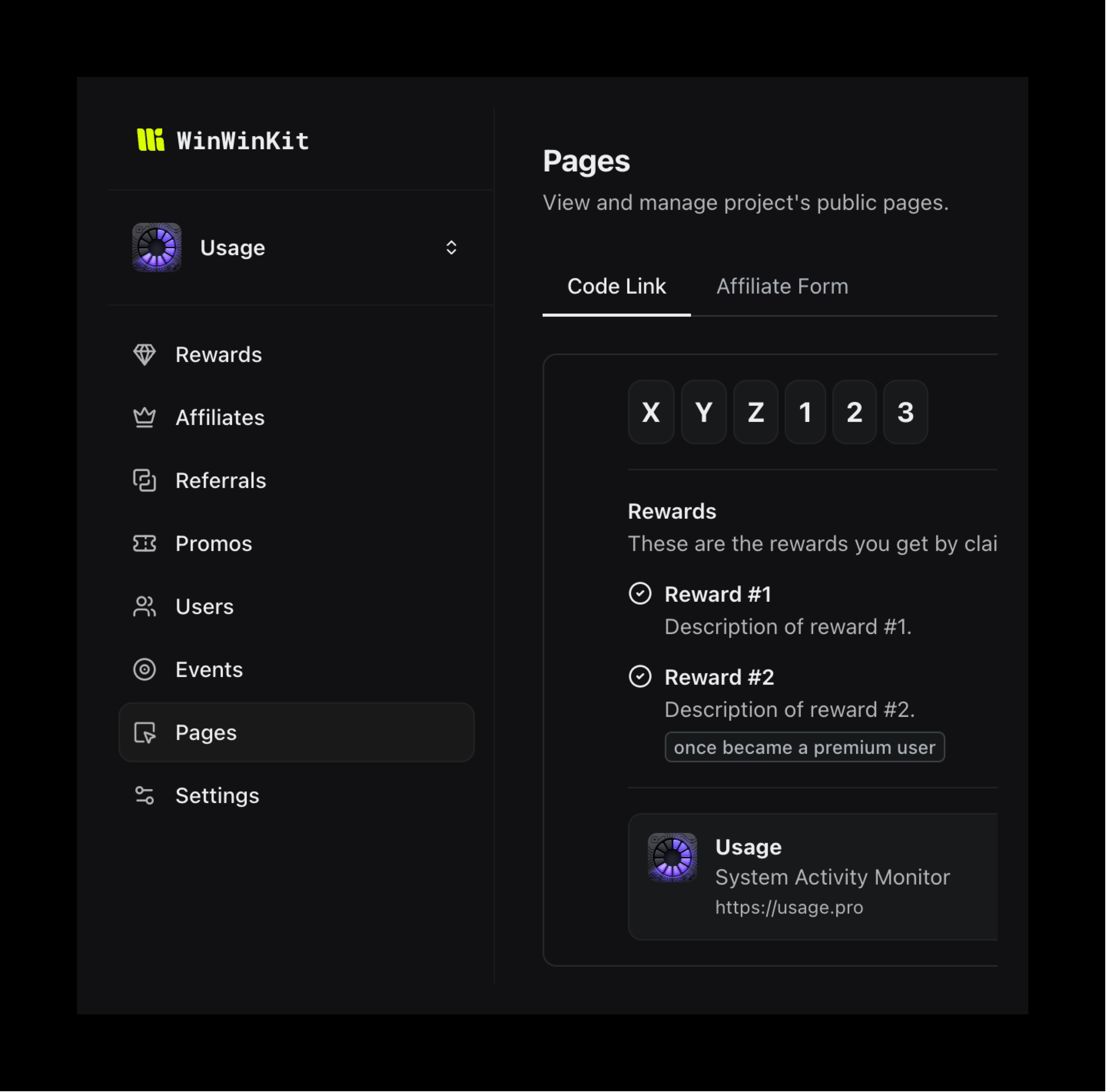 WinWinKit screenshot with deep links for the Usage app